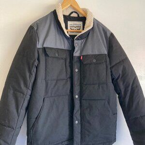 Small Levi's Sherpa Collar Utility Workwear Jacket Black Gray Colorblock Puffer
